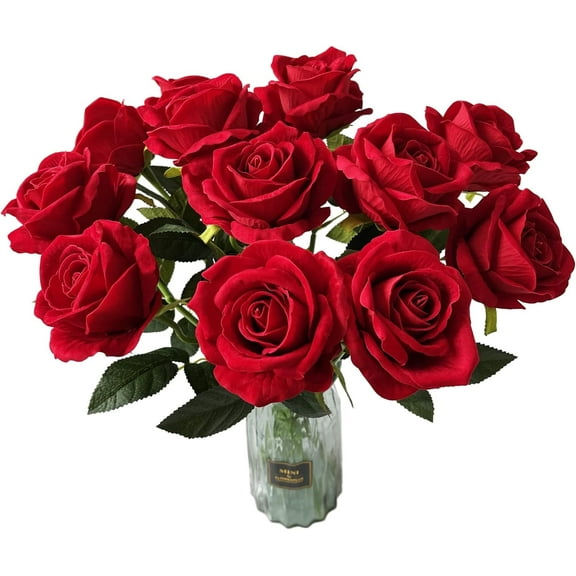 12 Pcs Artificial Rose Flowers Red Blossom Rose Flowers Real Touch Silk Faux Roses with Stem Rose Bouquets for Home Decoration Wedding Party Garden Floral Decor Valentine's Day Gift