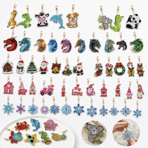 12 Pcs Assorted Animal Diy Diamond Painting Keychain Set, Diamond Art Kits for Student, Arts and Crafts for Adults, Gifts for Student, 3X3 Inch Full 5D Rhinestone Double Sided Art