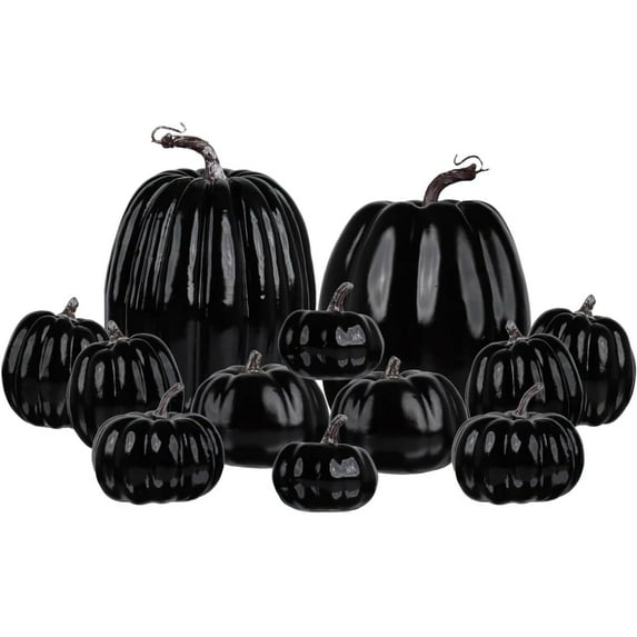 12 Pcs Assorted Black Plastic Pumpkins for Decorating - Artificial Foam Pumpkins for Fall Decor, Thanksgiving, Halloween, Wedding & Party, DIY Craft Fake Pumpkin for Table Centerpiece