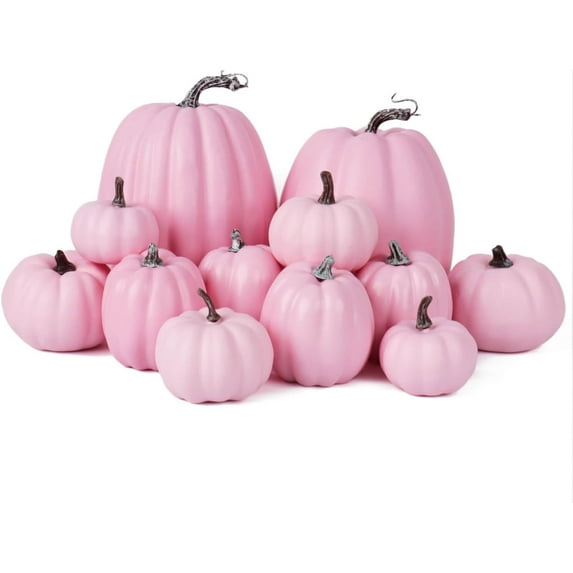 12 Pcs Assorted Pink Plastic Pumpkins for Decorating - Artificial Foam Pumpkins for Fall Decor, Thanksgiving, Halloween, Wedding & Party, DIY Craft Fake Pumpkin for Table Centerpiece