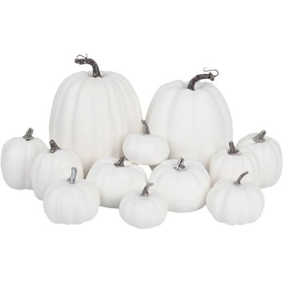12 Pcs Assorted White Plastic Pumpkin Decorations - Fall Home Decor for Thanksgiving, Halloween, Wedding & Party, DIY Craft Artificial Fake Foam Pumpkins for Table Centerpiece
