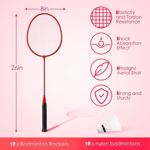12 Pcs Badminton Rackets Bulk with 18 Nylon Shuttles for Adults & Youth - Beginner to Players