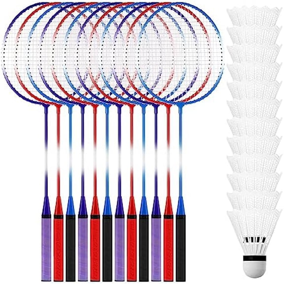 12 Pcs Badminton Rackets Set for Adults and Teenagers Badminton Set with 12 Pcs Nylon Shuttlecocks for Backyard Gym Beach Outdoor Games, Red, Purple and Blue$$Sport & Recreation Other