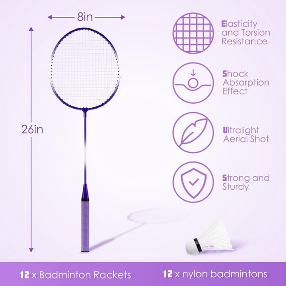 12 Pcs Badminton Rackets Set with 12 Nylon Shuttlecocks for Adults & Teenagers, Red Blue