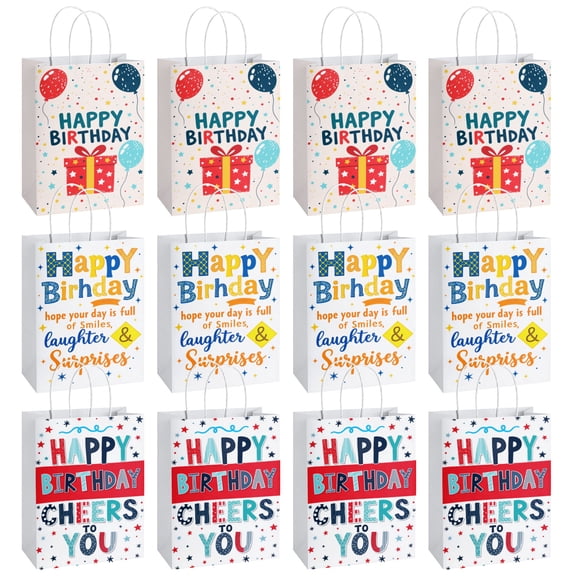 12 Pcs Balloon Themed Birthday Gift Bags Bulk, Medium Paper Party Bags with Handles