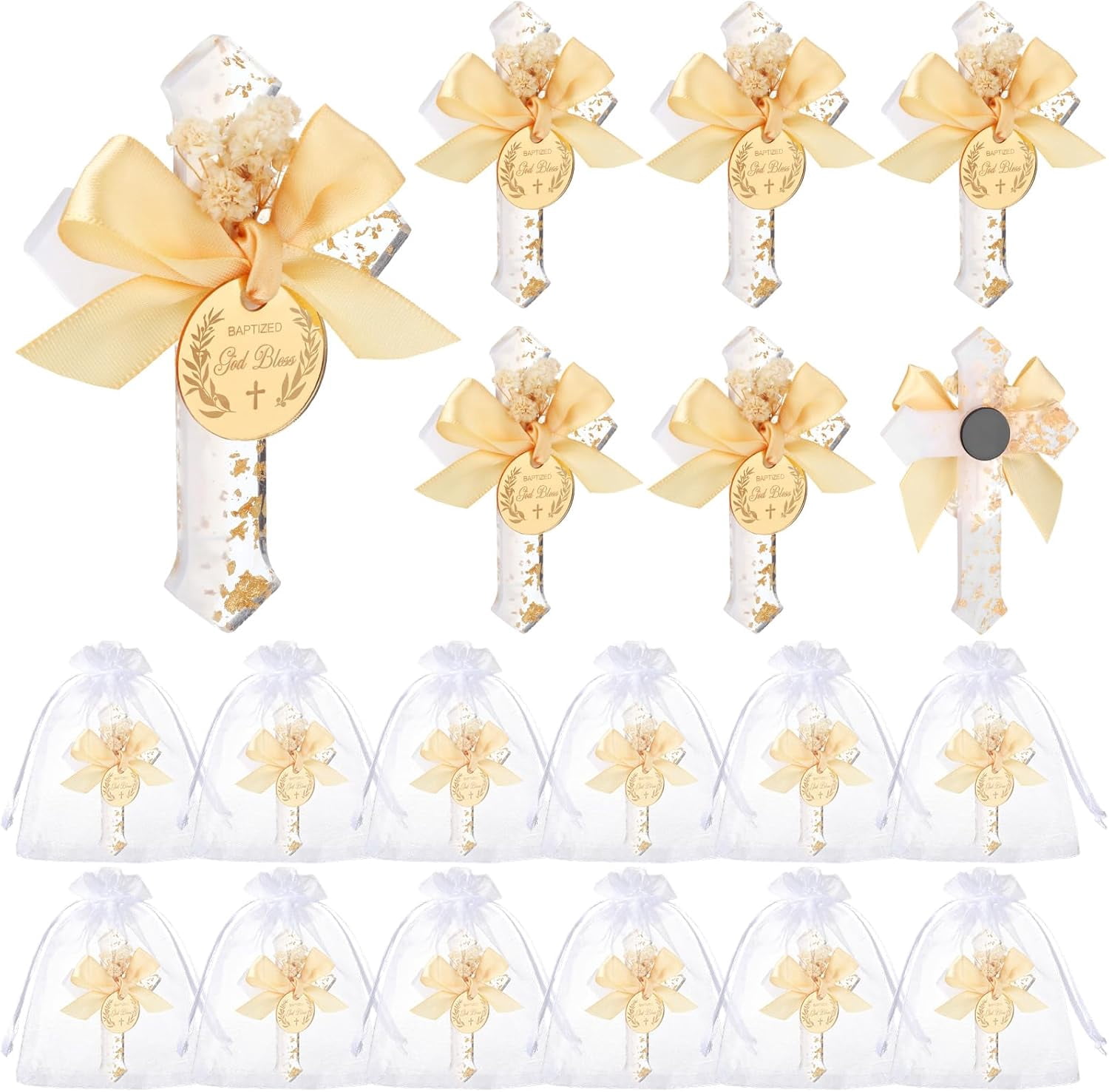 12 Pcs Baptism Favors for Guests Epoxy Cross Fridge Magnets First Communion Cross with Flower Christian Souvenirs Gift for Baptism Christening Baby Shower Party Family Gathering (White)