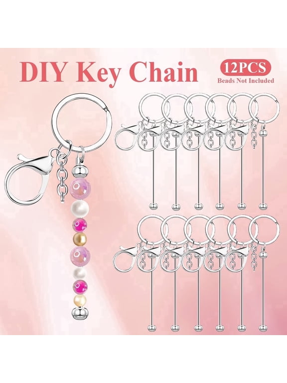12 Pcs Beadable Keychain Bars DIY Blank Keychain Kit Beaded Keychains for Crafting Silver