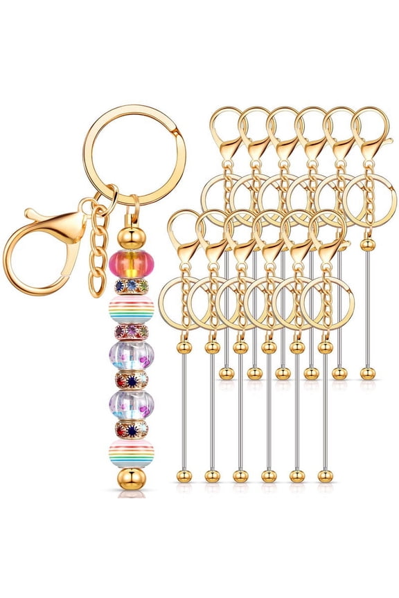 12 Pcs Beadable Keychain Bars for Beads Blank Keychain Beaded Keychain for Keychain DIY Projects Pendant Gold