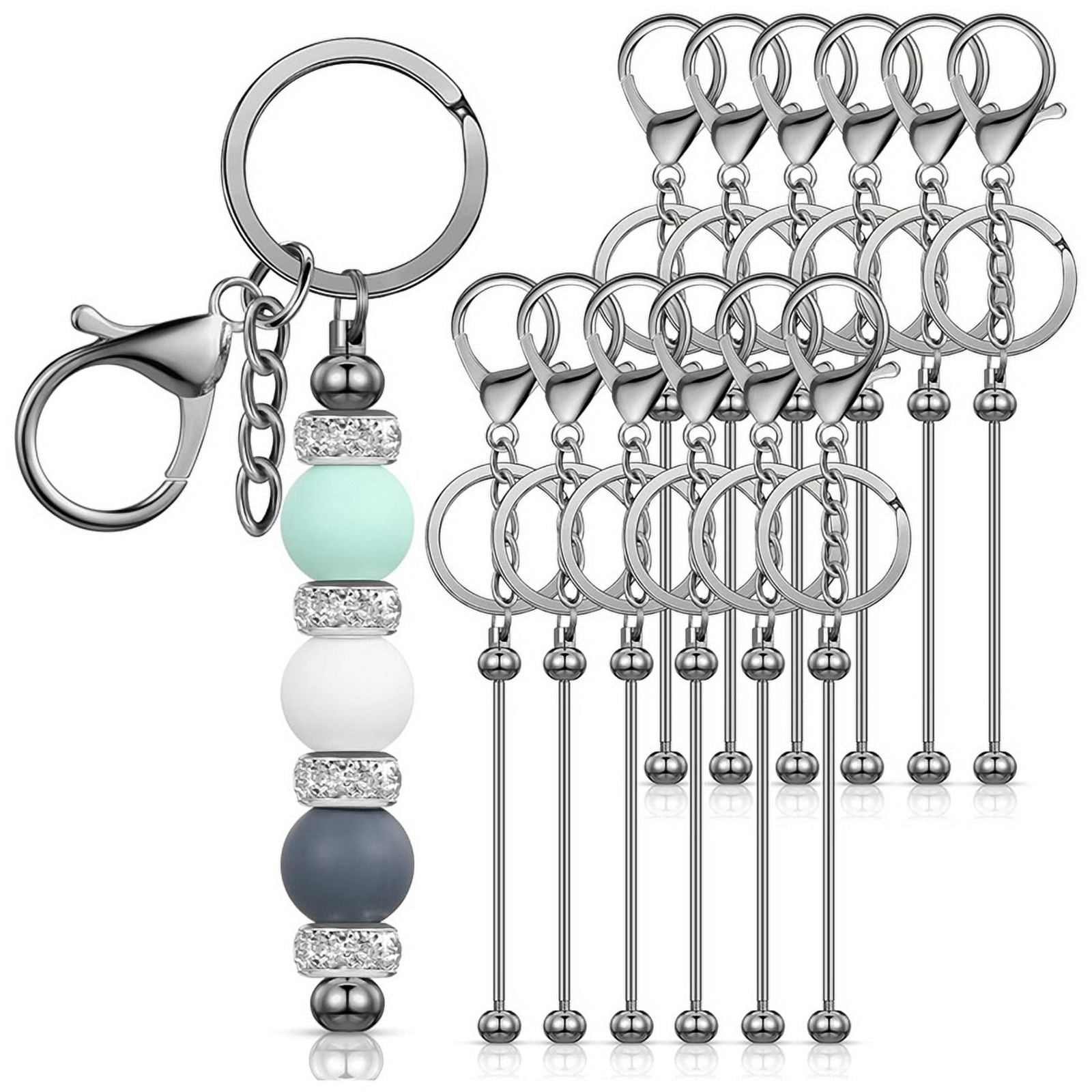 12 Pcs Beadable Keychain Bars for Beads Blank Keychain Metal Beaded