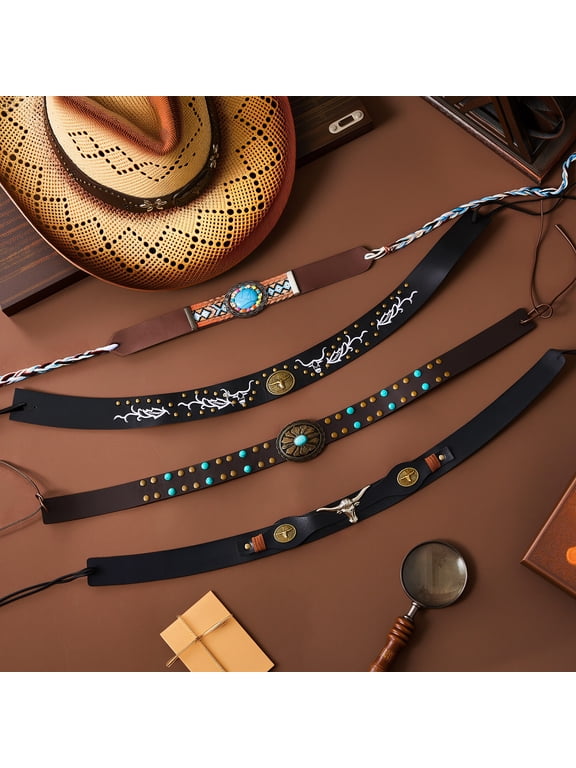 12 Pcs Beaded Cowboy Hat Bands, Adjustable Brown PU Leather Western Hat Bands for Women Men, Retro Hat Accessories for Rodeo, Ranch, Country Concerts, Summer Western Parties