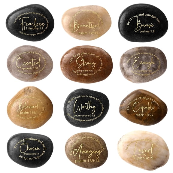 12 Pcs Bible Verses Scripture Stones Gifts Christian Inspirational Rocks Engraved Stones with Inspiring Prayer Words Father's Day Religious Gifts for Men Zen Group Home Decor