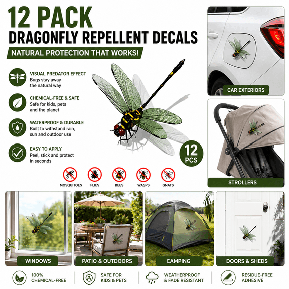 12 Pcs Bio-Mimetic Dragonfly Repellent, Safe Chemical-Free Bug Deterrent Decals for Strollers, Windows & Car Exteriors, Realistic 3D Visual Predator Stickers