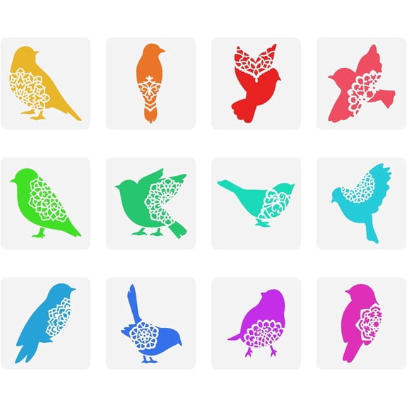 12 Pcs Bird Stencil 5.9x5.9 inch Bird Silhouettes Stencil Plastic Birds with Flowers Pattern Stencil Reusable Stencil for Painting Baking Crafts Wall Furniture Decoration White