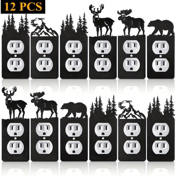 12 Pcs Black Outlet Covers Set, Decorative Wooden Wall Outlet Cover and Light Switch Cover With Bear Tree Mountain Design, Electrical Outlet Cover Plates for Cabin decor, 1 Gang Receptacle Cover