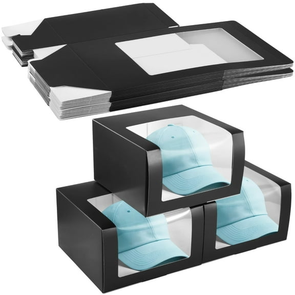12 Pcs Hat Storage Boxes,with Window Display,Sturdy Paper Hat Boxes, Display Boxes for Baseball Caps,Fold Packing Boxes,Black