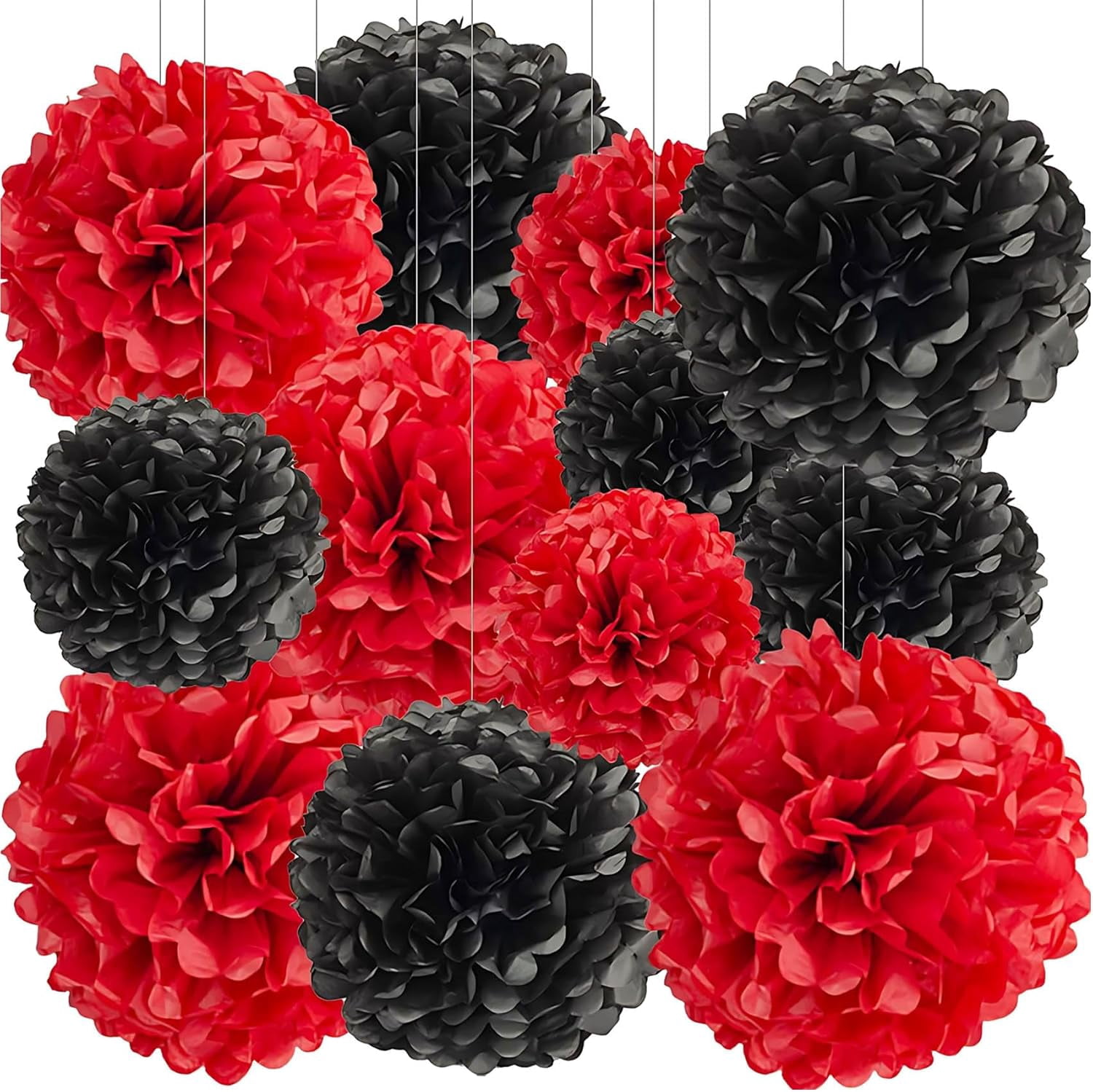 12 Pcs Black Red Tissue Paper Pom Poms for Party Ceiling Wall Hanging ...