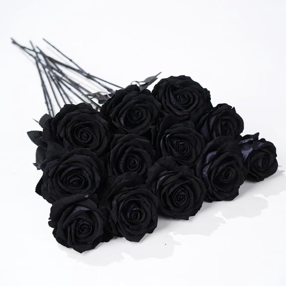 12 Pcs Black Roses Artificial Flowers with Long Stem, Faux Silk Rose Bouquet Realistic Lifelike Fake Floral Bundles for Halloween Valentine's Day Wedding Party Table Centerpiece Decor, Large