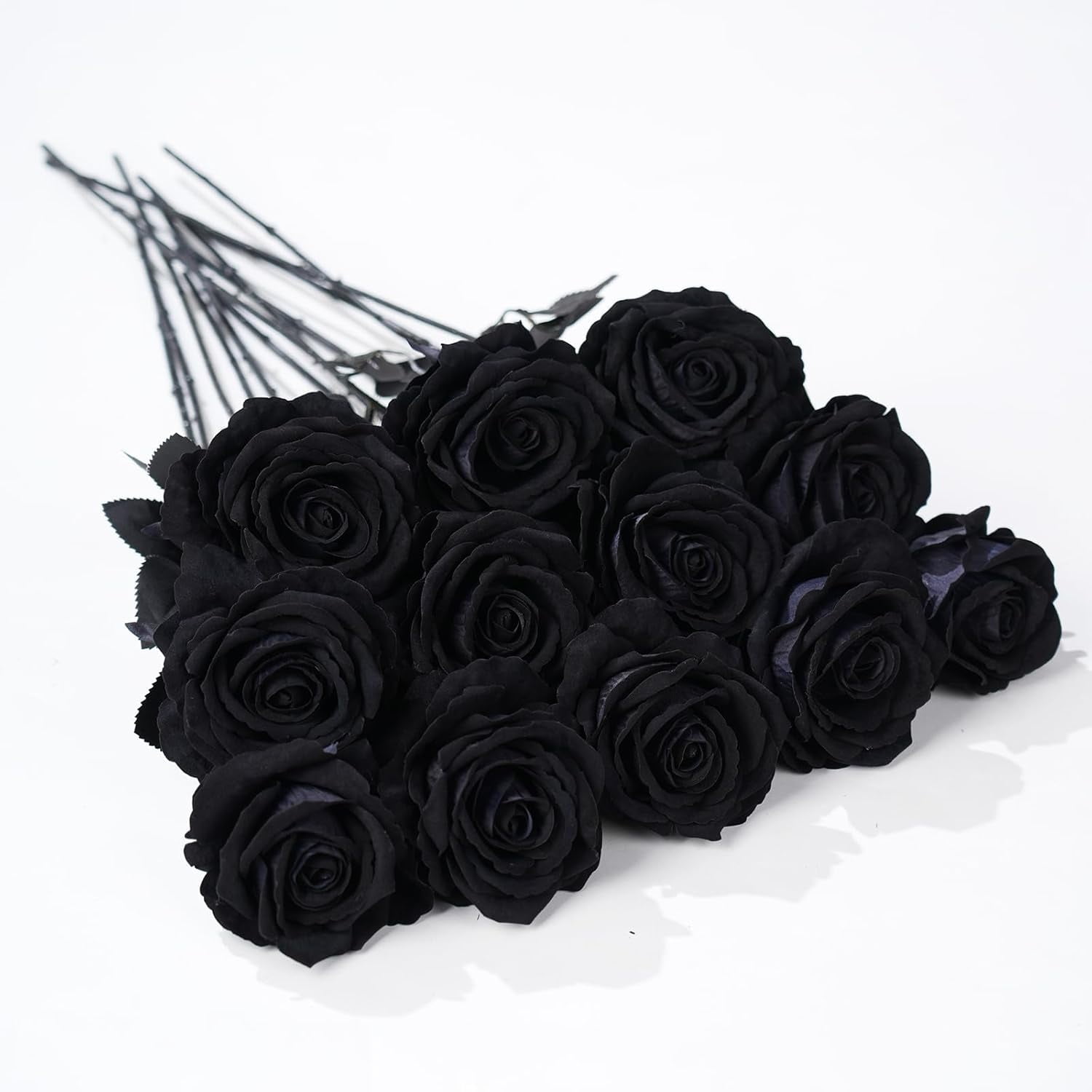 12 Pcs Black Roses Artificial Flowers with Long Stem, Faux Silk Rose