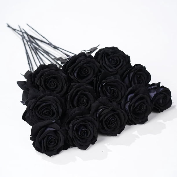 12 Pcs Black Roses Artificial Flowers with Long Stem, Faux Silk Rose Bouquet Realistic Lifelike Fake Floral Bundles for Halloween Valentine's Day Wedding Party Table Centerpiece Decor, Large