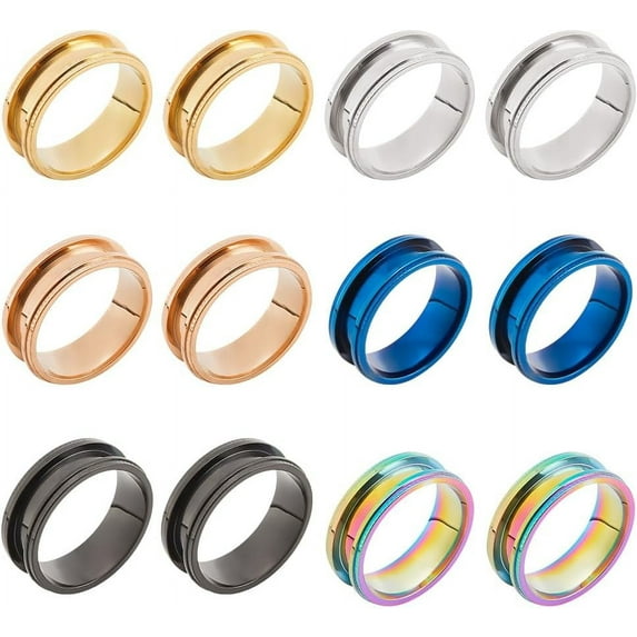 12 Pcs Blank Ring 6 Colors 201 Stainless Steel Blank Core Ring High Polished Grooved Finger Ring Metal Ring for Inlay Ring Jewelry Wedding Band Making