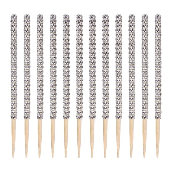 12 Pcs Bling Candy Apple Bamboo Sticks,Caramel Apple Wooden Pointed Skewers with Rhinestones Diamond Mesh Wrap,Fruit Treats Pop Bar for Dessert Table Tea Party Birthday Wedding Christmas (Silver)