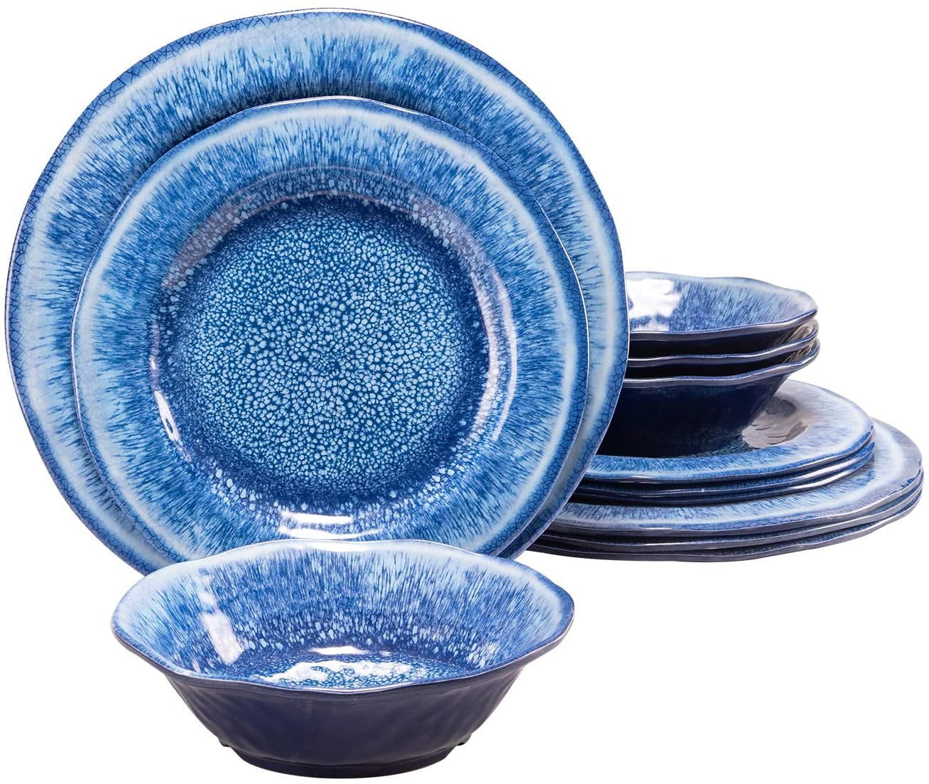 12-Piece Blue Melamine Round Dinnerware Set for 4