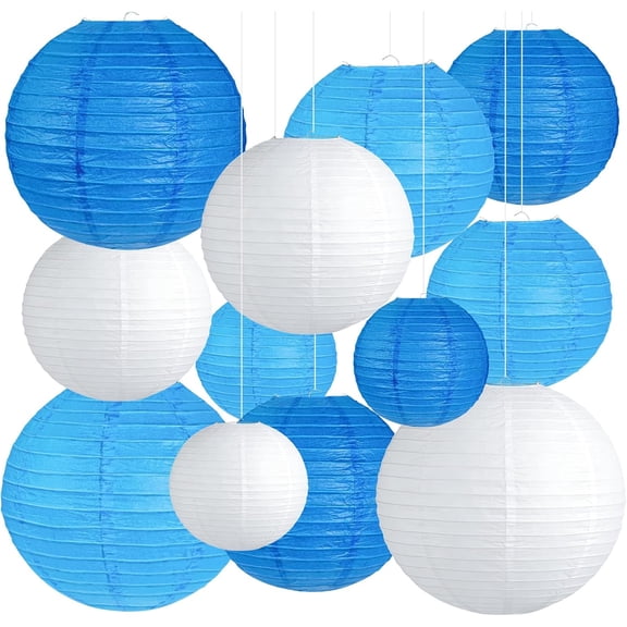 12‑Pcs Blue & White Hanging Round Paper Lanterns Set, Assorted Sizes 6", 8", 10", 12", for Graduation, Baby Shower, Birthday, Wedding, Nautical & Ocean Themed Party Decorations
