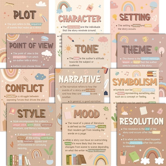 12 Pcs Boho Literary Elements Posters Set Literature Classroom Decorations Story Elements Bulletin Board Educational Art Prints Rainbow Study Materials for Teacher School (Yellow Boho)