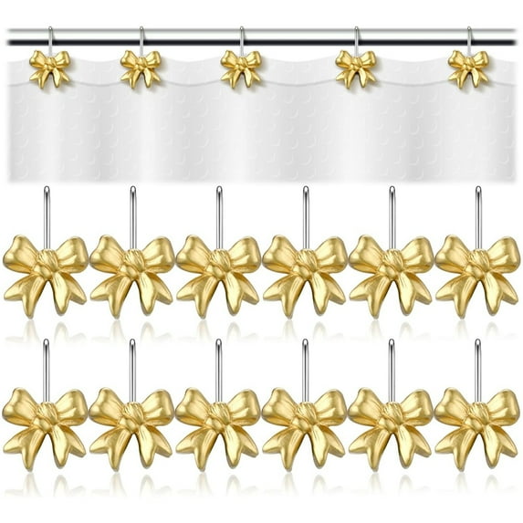 12 Pcs Bow Knot Shower Curtain Hooks,Topboutique Metal Bow Hangers,Decorative Curtain Rings,Hanging Hook for Bathroom Room Wardrobe Door,Gold