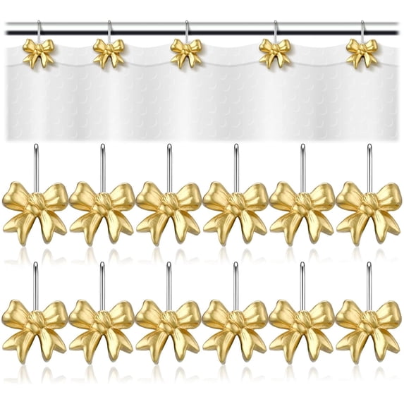 12 Pcs Shower Curtain Hooks,Topboutique Metal Bow Hangers,Decorative Curtain Rings,Bow Knot Hanging Hook for Bathroom Room Wardrobe Door,Gold
