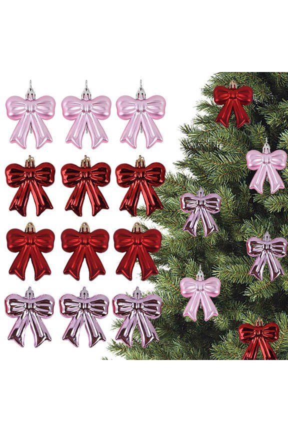 12 Pcs Bow Ornament for Christmas Tree Bow Hanging Ornaments 2.76 Inches Pink Plastic Bowknot Hanging Decoration for Xmas Tree Home Wedding Holiday Party Decor