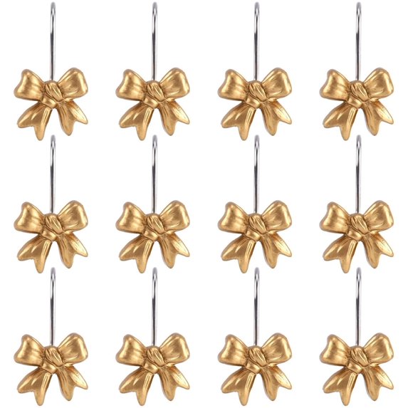 12 Pcs Bow Shower Curtain Hooks Metal Decorative Hook Resin Bow Knot Hanger Curtain Rings for Bathroom/Bedroom/Closet Door,Gold,Topboutique