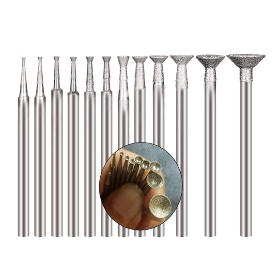 12 Pcs Bowl Shape Diamond Burr Set, 3/32'' Shank Stone Carving Sets Diamond Concave Burr Wire Rounder Bits Fits for Rotary Tools