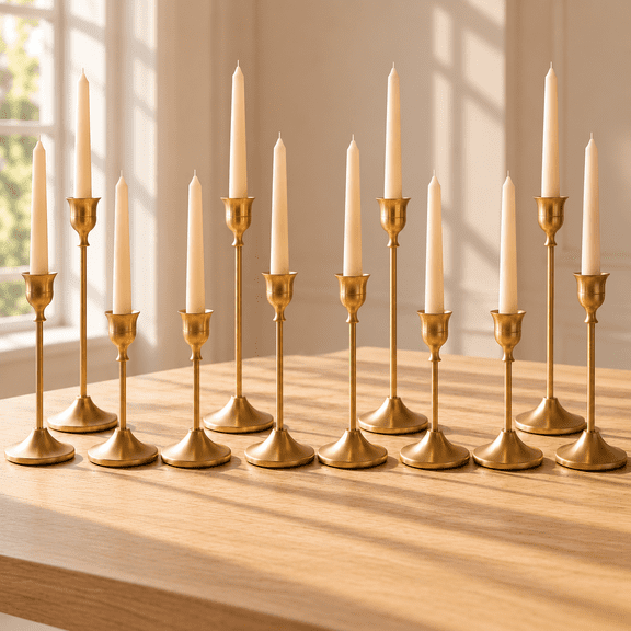 12 Pcs Brass Gold Candlestick Holders, Vintage Metal Taper Candle Stands for Fireplace, Wedding Table Decor & Housewarming Gift