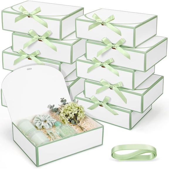 12 Pcs Bridesmaid Proposal Box with Ribbon, 10.6 x 8 x 3.15 Inch Gift Boxes with Lids Paper Gift Boxes for Wedding Baby Shower Birthday Party Present Packaging(White,Sage Green)