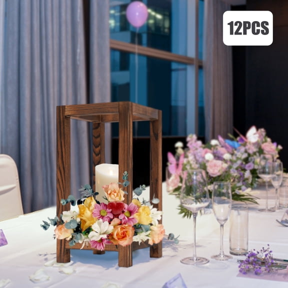 12 Pcs Brown Cuboid Wooden Wedding Lantern Centerpiece, Rustic Wedding Table Decoration, Farmhouse Decor