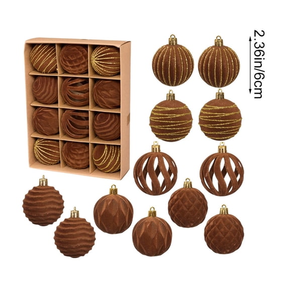 12 Pcs Brown Flocked Christmas Ball Ornaments,2.36 Inch Velvet Suede Baubles,Hollow & Embossed Textured Hanging Balls with Gold Glitter Stripes for Christmas Tree Winter Holiday Decor