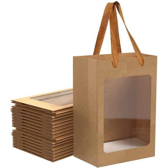 12 Pcs Brown Paper Gift Bags with Transparent Window, 9.84"x7.0"x5.12" Kraft Shopping Bags with Handles for Present, Festivals Party