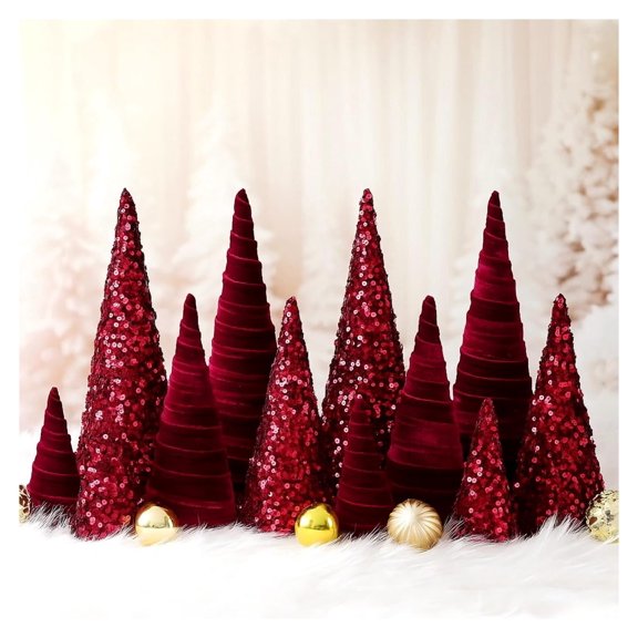 12 Pcs Burgundy Christmas Cone Trees Table Centerpieces Decor, Fabric Miniature Cone Ornaments, 3 Sizes 33cm 25cm 16.5cm, Holiday Decorations for Home Office Party, Festive Seasonal Accessories
