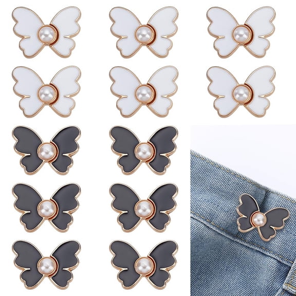 12 Pcs Butterfly Button Pins Jeans Black and White Detachable Alloy Enamel Pant Buttons with Pearl No Sewing Required Waist Tightener Clips