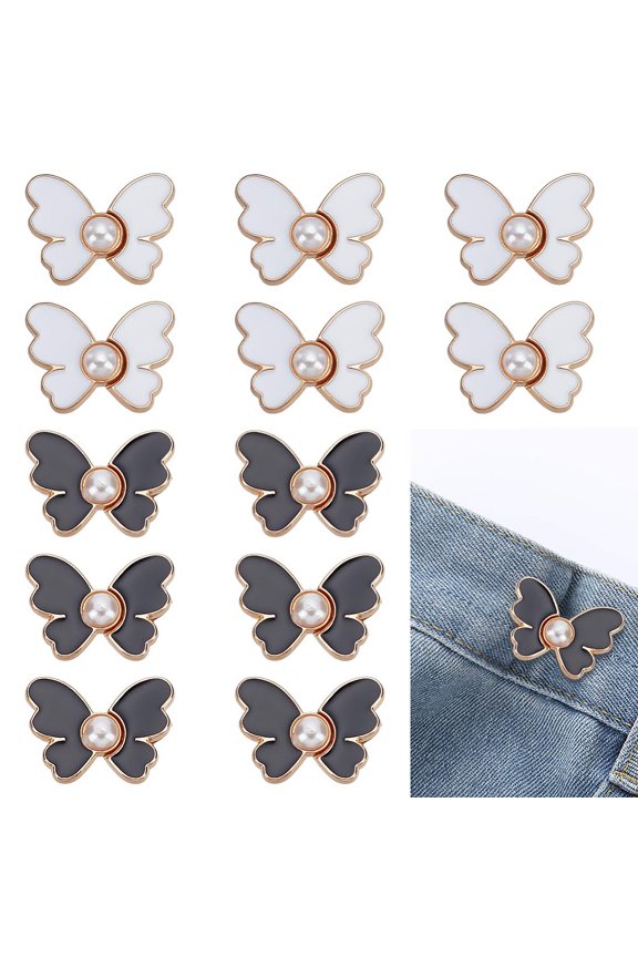 12 Pcs Butterfly Button Pins Jeans Black and White Detachable Alloy Enamel Pant Buttons with Pearl No Sewing Required Waist Tightener Clips