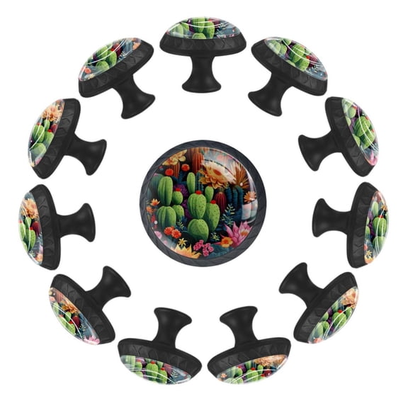 12 Pcs Cabinet Knobs Aesthetic Cactus Flowers Seamless Pattern, Round Crystal Glass Drawer Dresser Wardrobe Handles Pulls Door Cupboard Hardware Knob with Screws for Home Kitchen