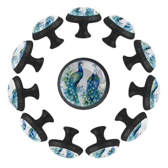 12 Pcs Cabinet Knobs Beautiful Peacocks Pattern, Round Crystal Glass Drawer Dresser Wardrobe Handles Pulls Door Cupboard Hardware Knob with Screws for Home Kitchen