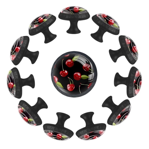 12 Pcs Cabinet Knobs Cute Cherry Berries on a Black Background, Round Crystal Glass Drawer Dresser Wardrobe Handles Pulls Door Cupboard Hardware Knob with Screws for Home Kitchen