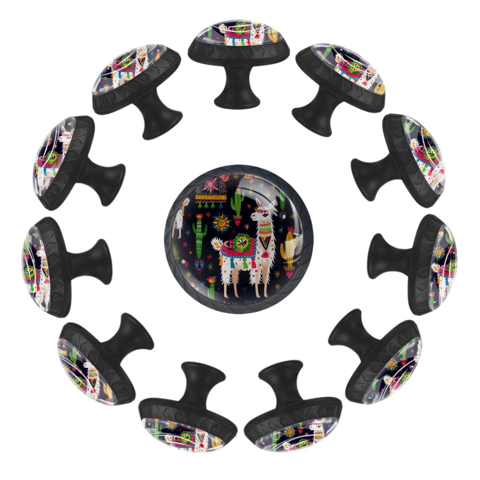 12 Pcs Cabinet Knobs Cute Lamas with Cactus and Ethnic Design, Round Crystal Glass Drawer Dresser Wardrobe Handles Pulls Door Cupboard Hardware Knob with Screws for Home Kitchen
