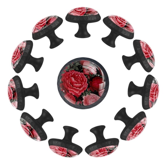 12 Pcs Cabinet Knobs Embroidery Red Roses Pink Peonies, Round Crystal Glass Drawer Dresser Wardrobe Handles Pulls Door Cupboard Hardware Knob with Screws for Home Kitchen
