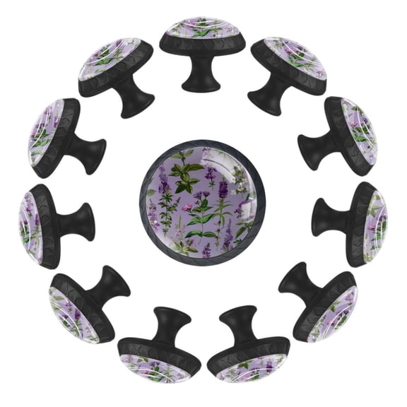 12 Pcs Cabinet Knobs Floral Herbs and Spices, Round Crystal Glass Drawer Dresser Wardrobe Handles Pulls Door Cupboard Hardware Knob with Screws for Home Kitchen