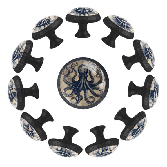 12 Pcs Cabinet Knobs Funny Ocean Octopus Anchor Vintage Coastal Map, Round Crystal Glass Drawer Dresser Wardrobe Handles Pulls Door Cupboard Hardware Knob with Screws for Home Kitchen