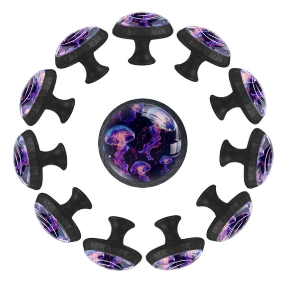 12 Pcs Cabinet Knobs Glowing Purple Jellyfish Seamless Pattern, Round Crystal Glass Drawer Dresser Wardrobe Handles Pulls Door Cupboard Hardware Knob with Screws for Home Kitchen