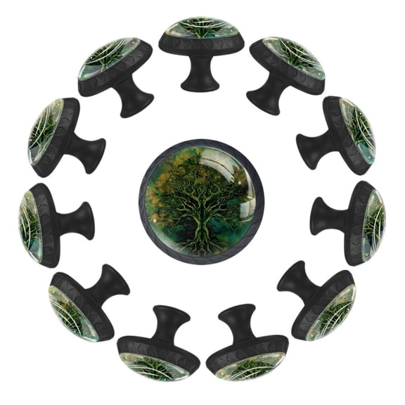 12 Pcs Cabinet Knobs Green Tree of Life Indian Forest, Round Crystal Glass Drawer Dresser Wardrobe Handles Pulls Door Cupboard Hardware Knob with Screws for Home Kitchen